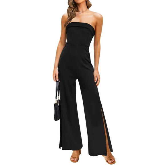 Zesica Pants - ZESICA Women's Small Black Strapless High Waist Wide Leg Jumpsuit